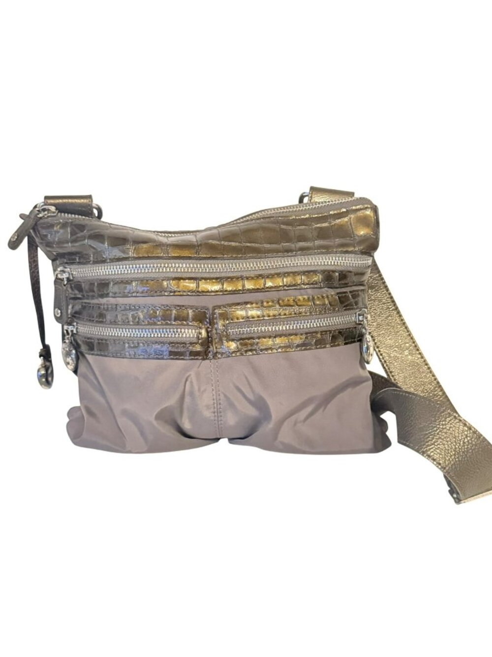 Brighton Go Go Taupe Nylon Croc Pattern Patent Leather Crossbody Purse